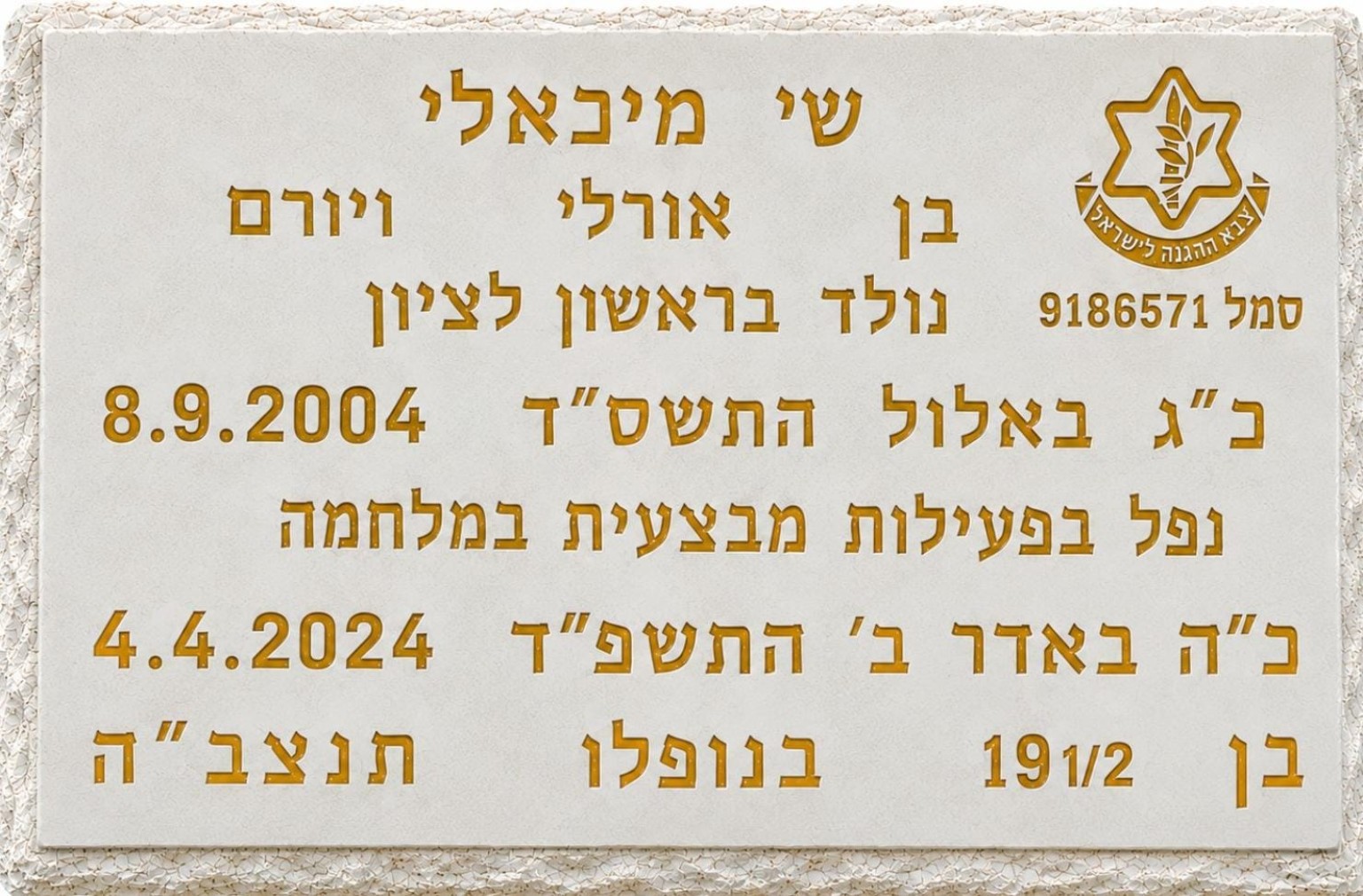 לוח המצבה לזכרו של שי מיכאלי